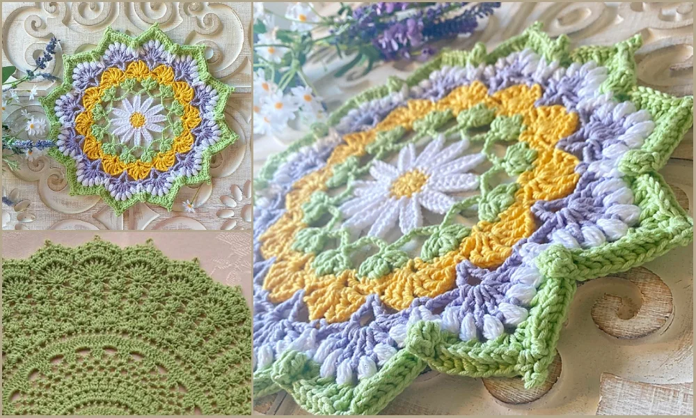 Three images of intricate crochet designs: a colorful spring doily resembling a mandala with yellow, green, and purple hues, its close-up, and a segment of a green lace pattern.