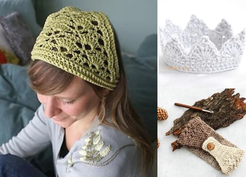 A woman wears a crocheted headscarf. Beside her are images of a crocheted crown and a crochet headband featuring a wooden button placed on bark. A crochet hook and yarn complete the scene.