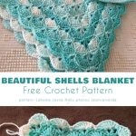 Turquoise and white crocheted blanket and hat set displayed with yarn. Text reads: 