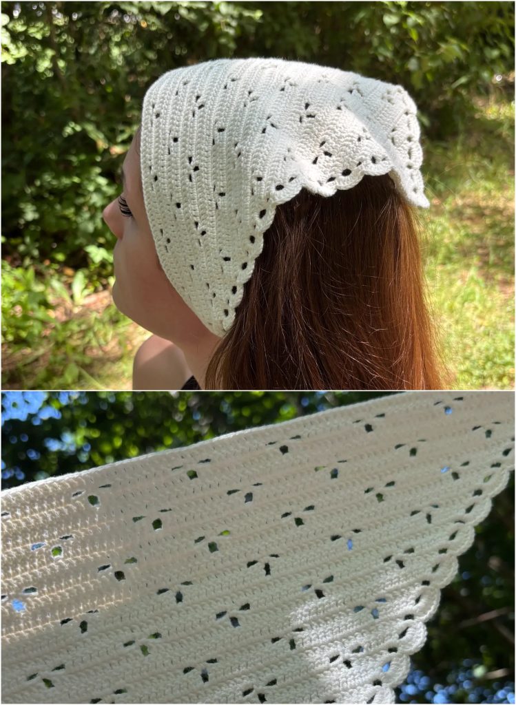 A person wears a white crocheted kerchief with scalloped edges; a close-up below shows the textured stitches and delicate holes in the fabric, reminiscent of a finely crafted crochet headband.
