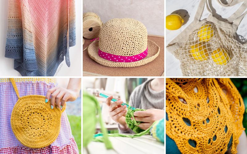 Collage of crochet accessories: multicolored shawl, straw hat with pink ribbon, mesh bag with lemons, yellow round purse, person crocheting green yarn, and an orange crochet piece.