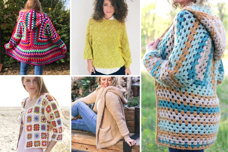 A vibrant collage of five women showcases an array of colorful crochet sweaters and cardigans, each distinct in style and pattern.