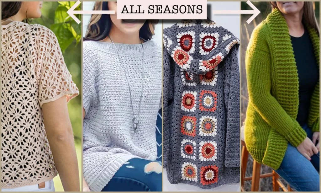 Four women wear crocheted sweaters: a short-sleeve lace top, a light grey pullover, a granny square cardigan, and a chunky green open-front cardigan. Text reads โAll Seasons.โ For more inspiration and patterns, visit magazine@yourcrochet.com.