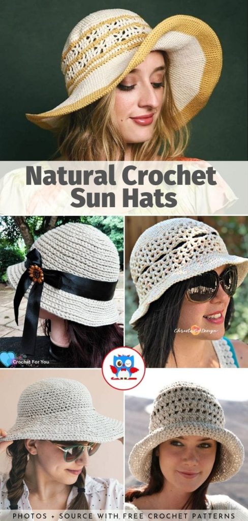 A collage of five women showcasing various styles of crochet headwear, featuring sun hats in neutral tones.