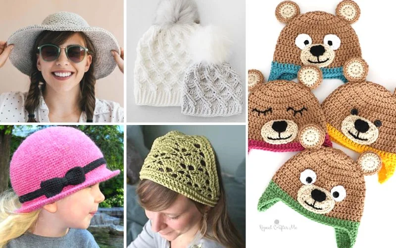 Collage of various crochet headwear: a woman wearing a sun hat, knit hats with pom-poms, bear-shaped hats, a pink hat with a bow, and a detailed yellow cap.