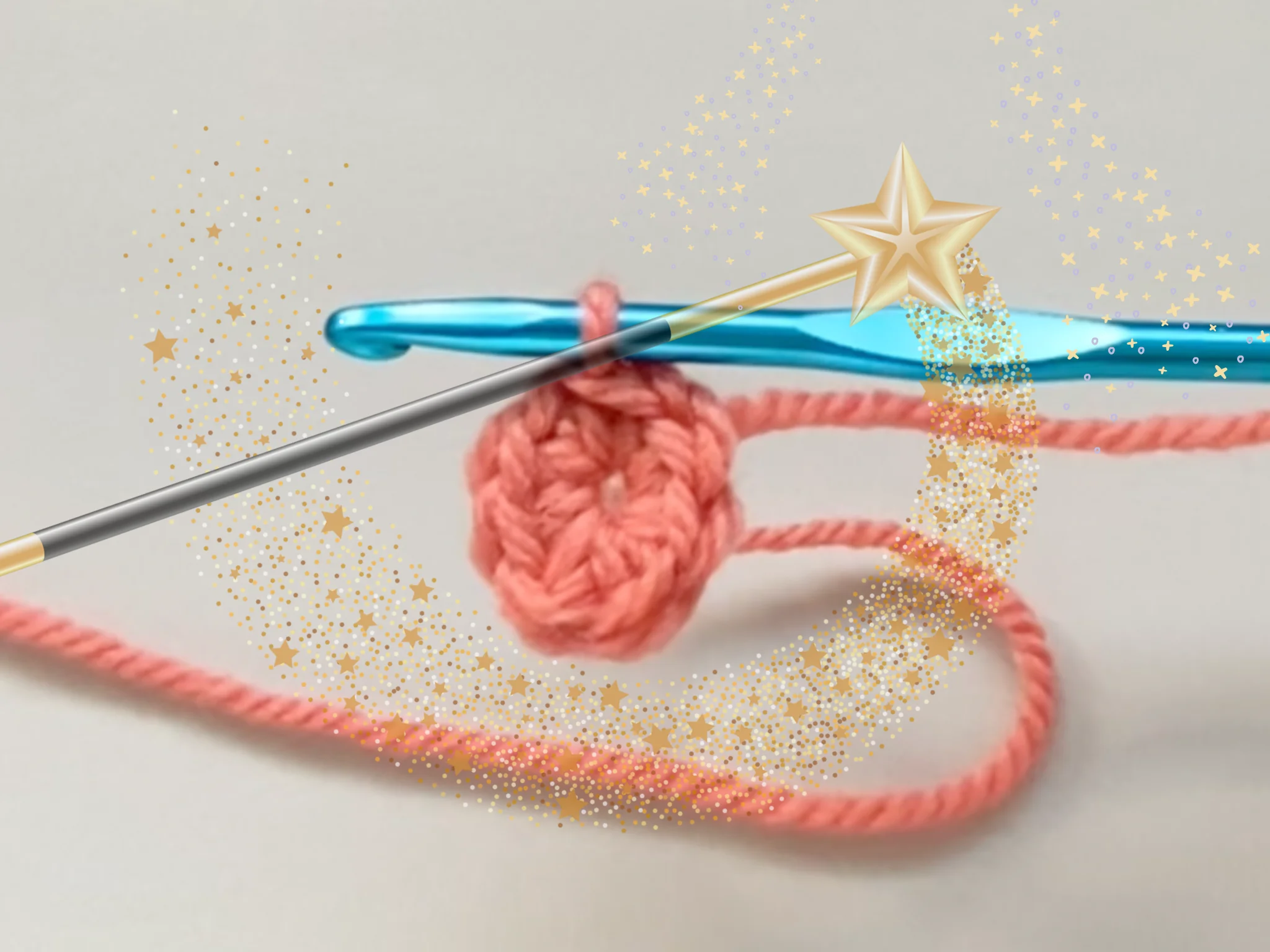 A crochet hook with yarn gracefully forms a magic circle, overlaid with a graphic of a magic wand and sparkles, illustrating the enchanting process of how to make a magic loop in crochet.