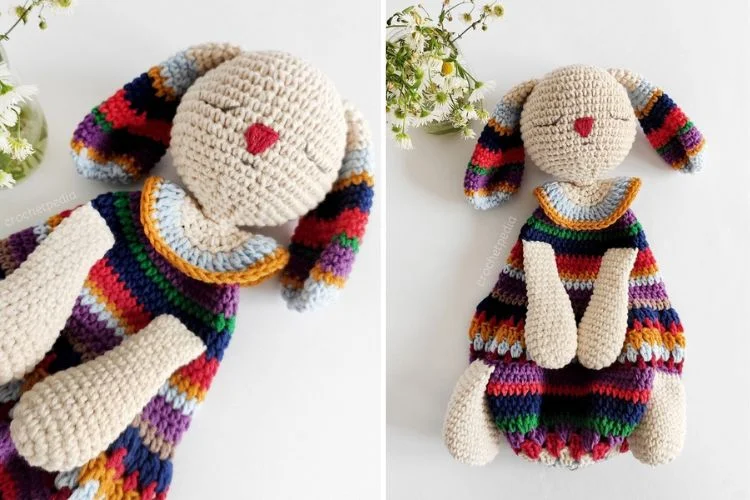 Two pictures of a crocheted bunny wearing a lake sunset shawl.