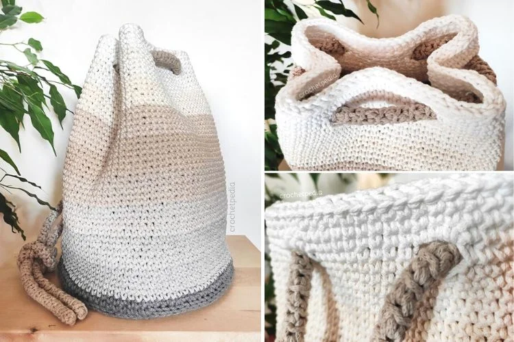 A crocheted bag with a handle on it, perfect for carrying your essentials to the lake.