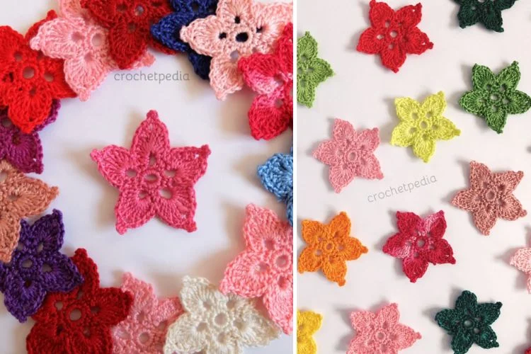 Crocheted flowers in different colors on a white background, inspired by a lake sunset shawl.