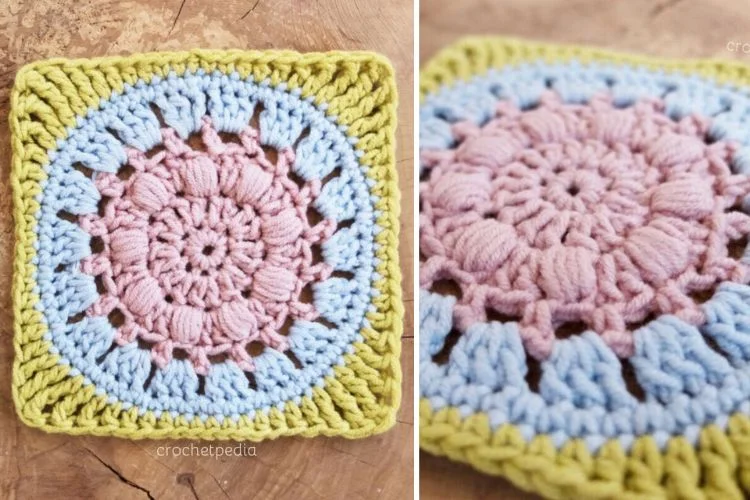 Two pictures of a crocheted square featuring a lake sunset theme.