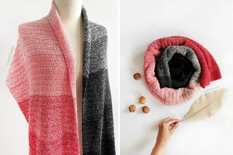 Two pictures of a scarf in red and grey.