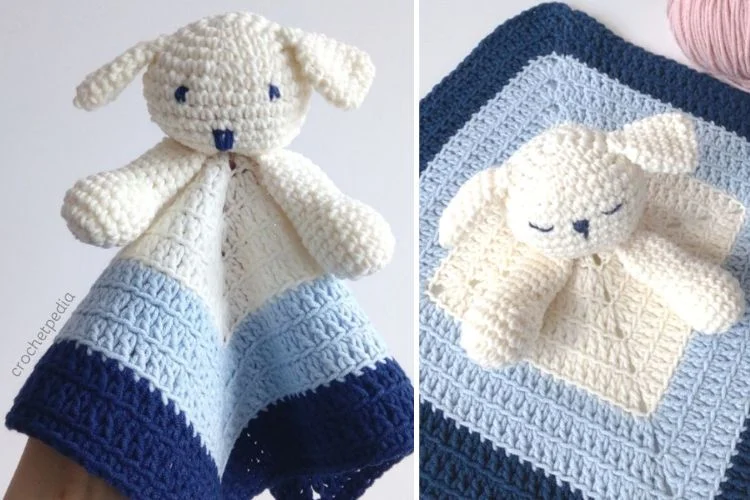 A crocheted baby blanket in blue with a stuffed animal.