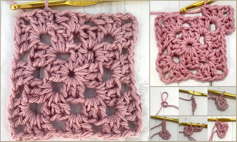 A series of photos showing how to crochet a granny square stitch.