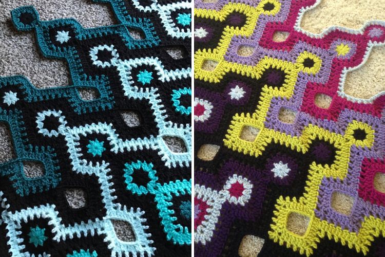 Two pictures of a Nostromo blanket, a crocheted afghan.