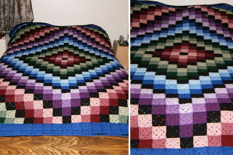 Two pictures of a colorful quilted blanket.