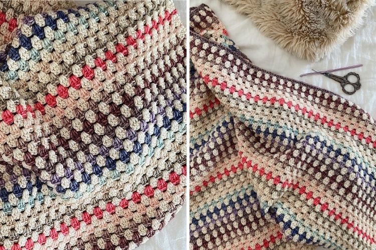 Two pictures of a granny stripe blanket on a bed.