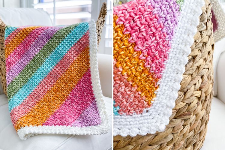 Two pictures of a crocheted blanket in a basket.