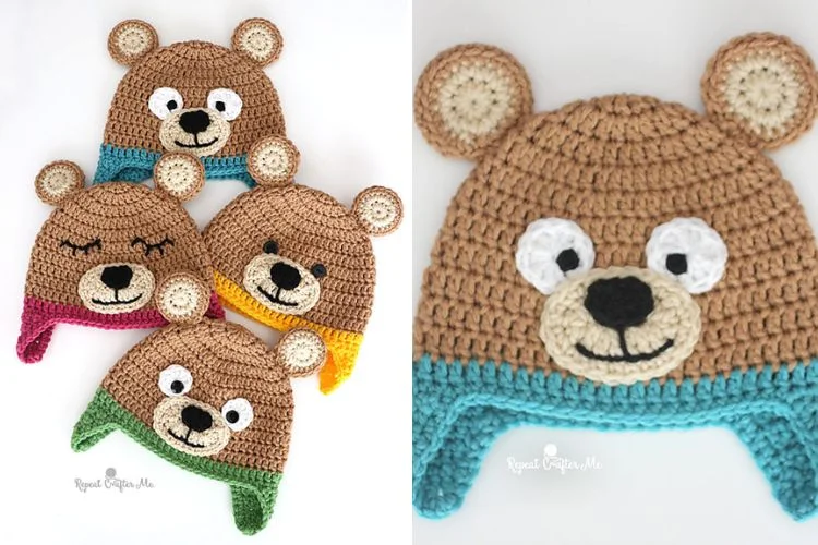 Crocheted teddy bear hats.