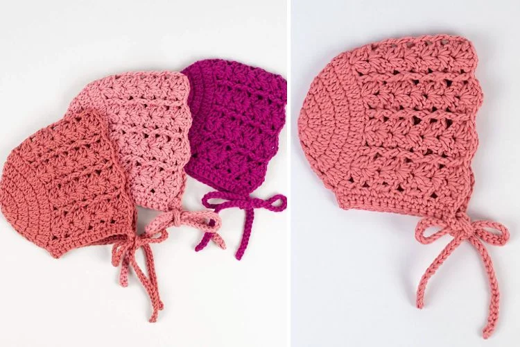 Two pictures of crocheted hats in pink and pink.