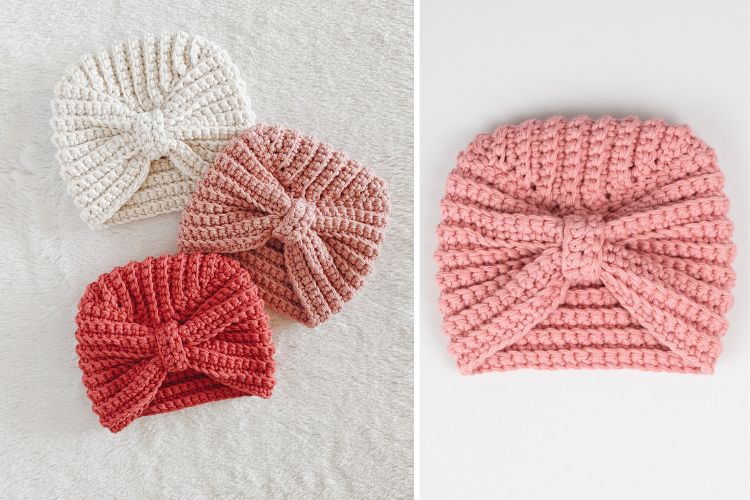 Two pictures of a knitted hat with a bow on it.