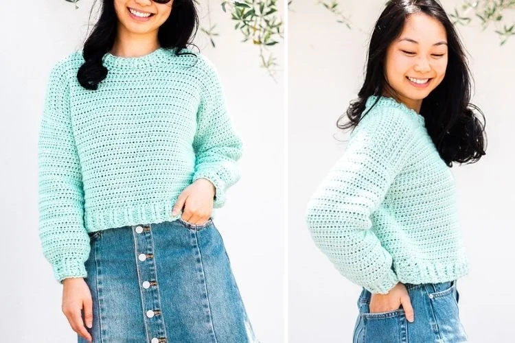 Two pictures of a woman wearing a mint sweater and denim skirt.