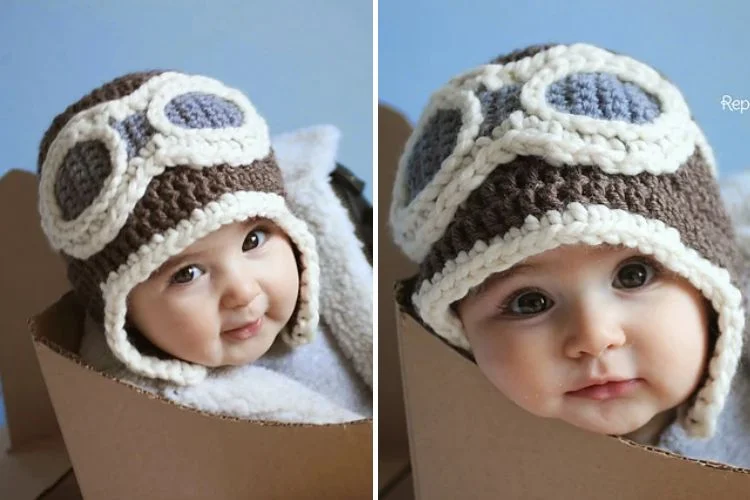 Two pictures of a baby wearing a crocheted aviator hat.