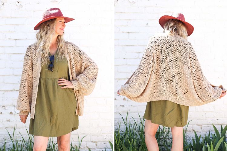 Two pictures of a woman wearing a tan cardigan and a red hat.