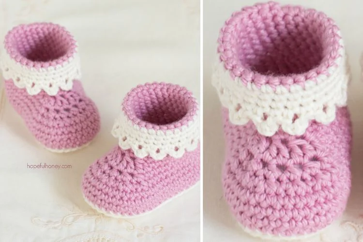 A pair of crocheted pink and white baby booties.