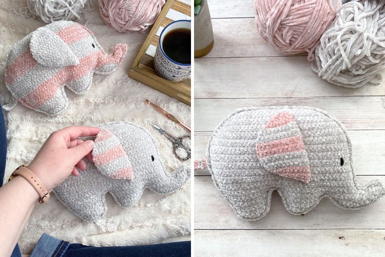 Two pictures of a crocheted elephant stuffed animal.