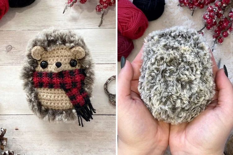 Two pictures of a crocheted hedgehog.