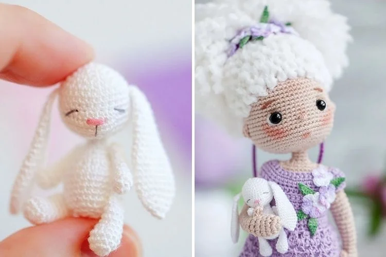 Two pictures of crocheted dolls, one with a white bunny and the other with a pink bunny.