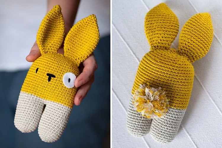 Two pictures of a crocheted bunny stuffed animal.