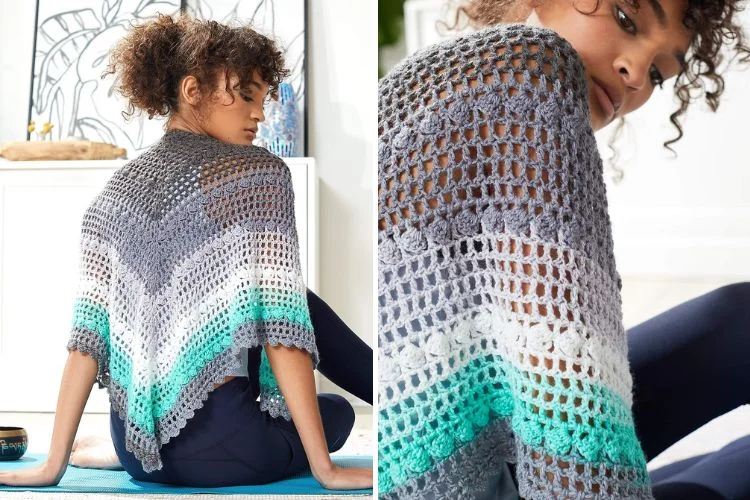 Two pictures of a woman wearing a crocheted shawl.