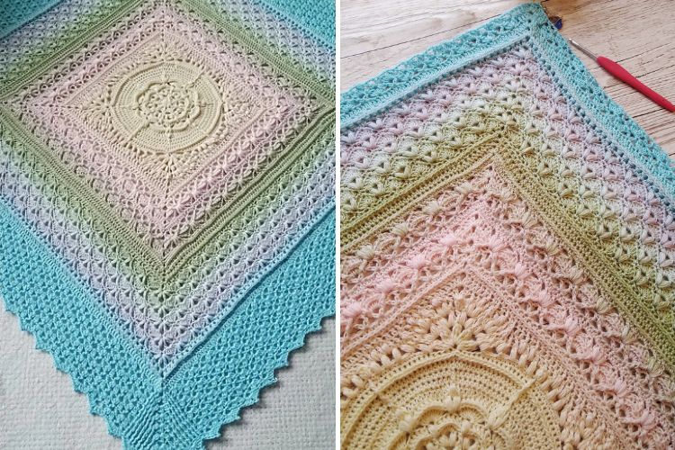 Two pictures of a crocheted afghan.