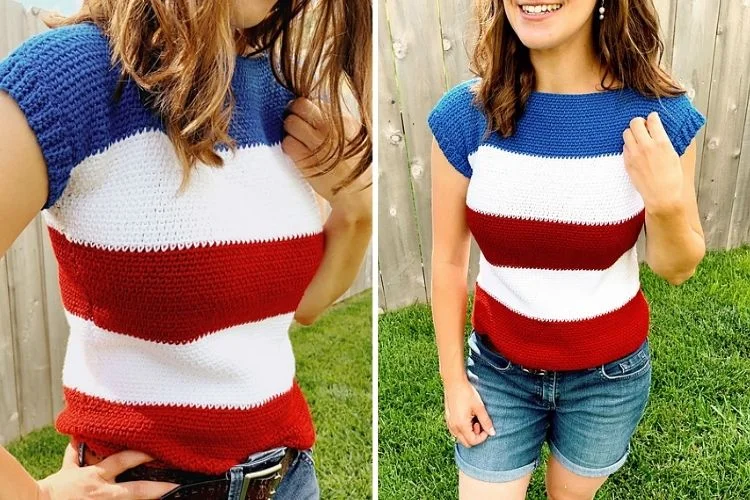 A woman wearing a red, white and blue sweater.