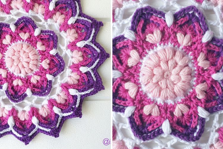 A pink and purple crocheted mandala hanging on a wall.