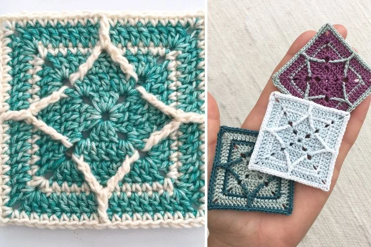 A crocheted square and a crocheted square.