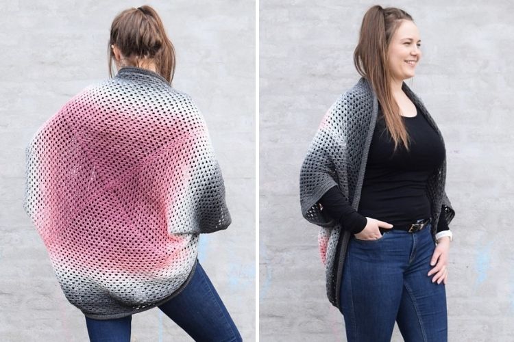 Two pictures of a woman wearing a crocheted cardigan.