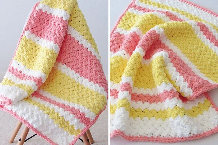 Two pictures of a yellow and white crocheted Marshmallow Blanket.