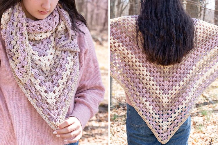 Two pictures of a woman wearing a crocheted shawl.