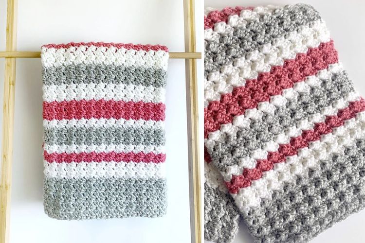 Two pictures of a crocheted blanket hanging on a hanger.