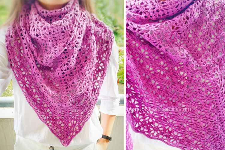 Two pictures of a woman wearing a purple crocheted shawl.