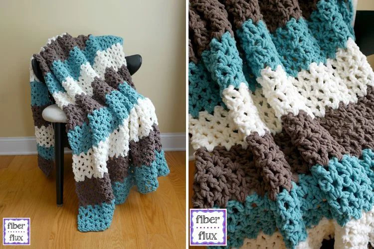 Two pictures of a crocheted afghan on a chair.