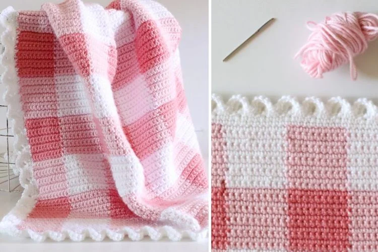 A pink and white crocheted afghan.