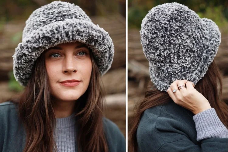 Two pictures of a woman wearing a hat.