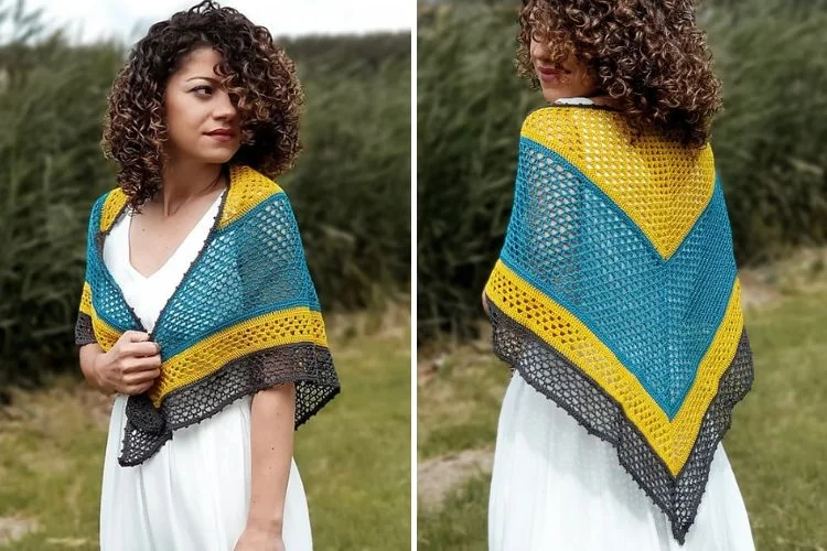 Two pictures of a woman wearing the Piper Shawl, a crocheted accessory.