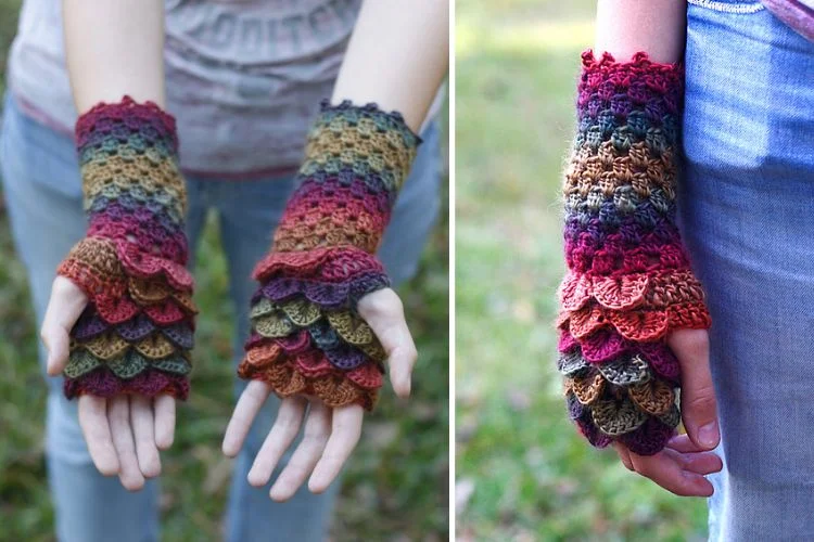 A pair of crocheted fingerless mitts.