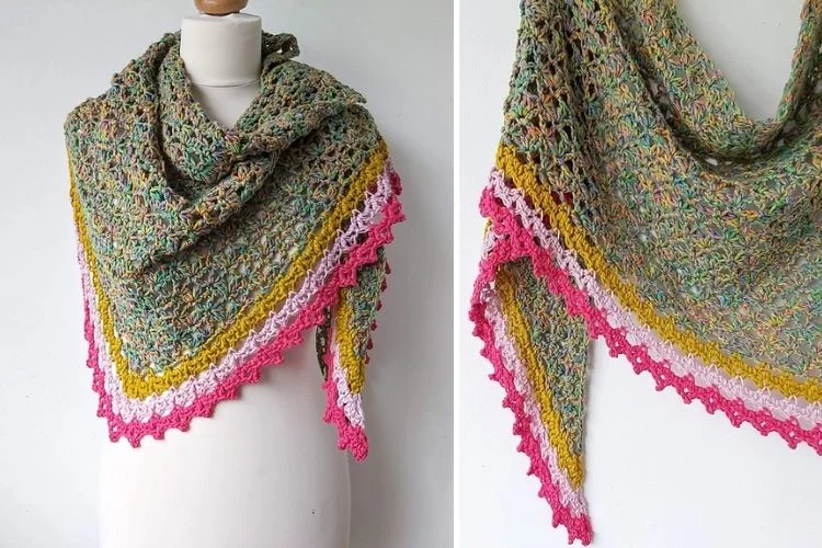 Two pictures of a crocheted shawl.