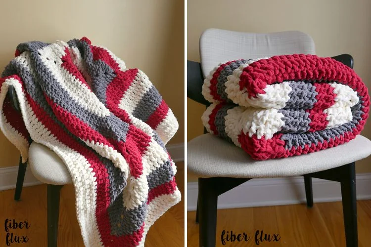 Two pictures of a crocheted blanket on a chair.