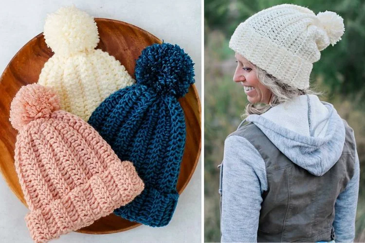 A woman wearing a crocheted hat with a pom pom.